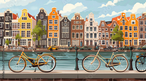 Illustration of Amsterdam canals with bicycles and colorful houses