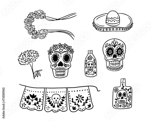 Black sketch drawings of items related to Dead day. Vector black outline drawings on white background. Ideal for decoration, coloring pages, stickers, tattoo, pattern