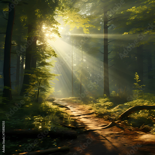 A serene forest with rays of sunlight piercing through the canopy