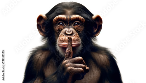 Monkey gesturing asking for silence presses his finger to his lips and demands to close his mouth. Chimpacee doing hush silence gesture with finger over mouth © angellodeco