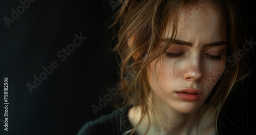 Close Up of a Beautiful Blonde and Young Caucasian Woman Feeling Depressed and Crying While Looking Down. black background, copy space