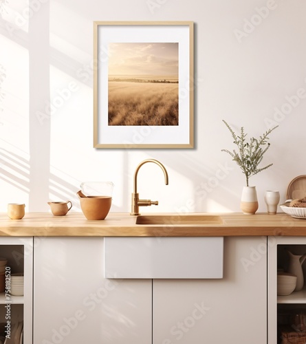 A close up of white kitchen with wooden countertop and gold sink © IgnacioJulian