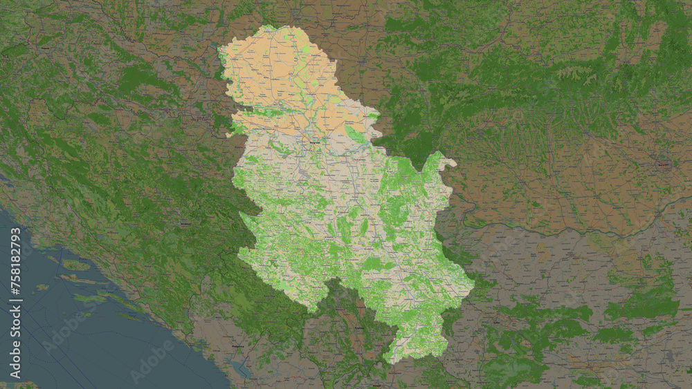 Serbia highlighted. OSM Topographic French style map