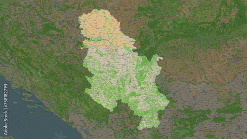 Serbia highlighted. OSM Topographic French style map