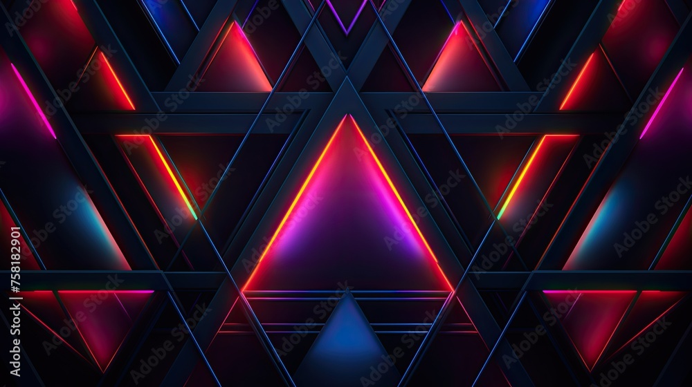 Geometric patterns with neon triangles and curved lines - obrazy, fototapety, plakaty 