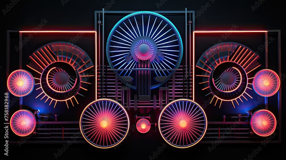 Geometric shapes with neon outlines and fans of light Geometric shapes with neon outlines and fans of light