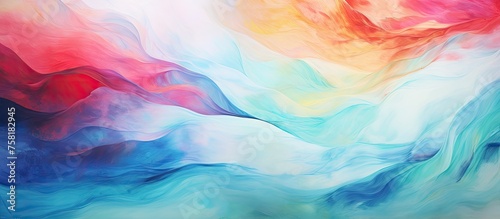 A close up of an art piece featuring aqua, magenta, and electric blue paint on a white background, resembling a meteorological phenomenon in the sky