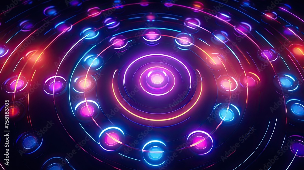 Neon circles and lines creating an ornamental background - obrazy, fototapety, plakaty 