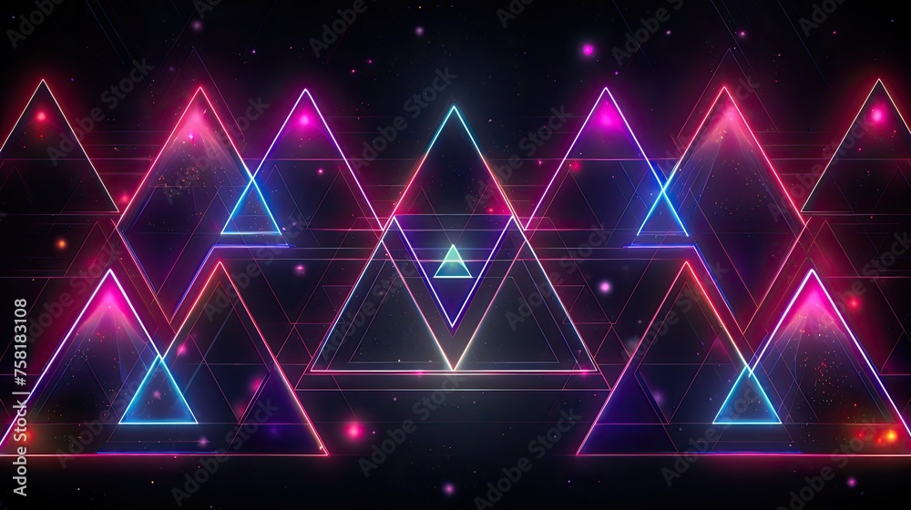 Geometric shapes with neon pyramids and vibration contours Geometric shapes with neon pyramids and vibration contours