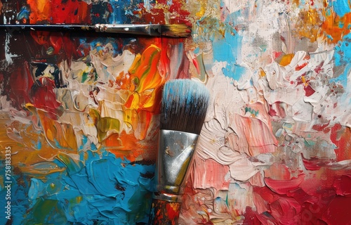 The artist paints a picture with oil paints on canvas. The artist\'s brush is dirty with paint. Close-up.