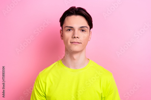 Photo portrait of nice teen man look camera model dressed stylish yellow clothes isolated on pink color background