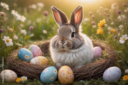 A charming Easter bunny nestled among colorful Easter eggs