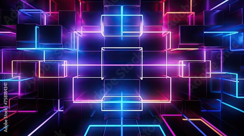 Geometric background with neon squares and intersecting lines