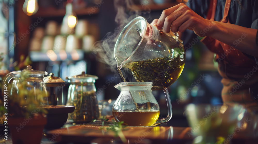 A barista is elegantly pouring green tea from a glass teapot into a cup, surrounded by a variety of tea-making equipment and plants A barista is elegantly pouring green tea from a glass teapot into a cup, surrounded by a variety of tea-making equipment and plants