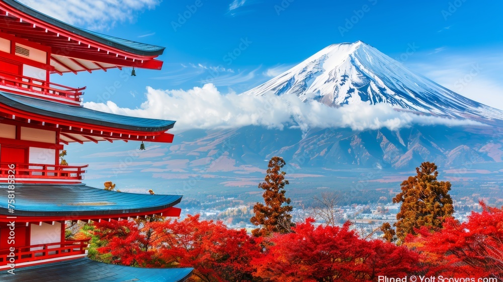 Fototapeta premium Mtfuji, tokyo s tallest volcano with snow capped peak and red trees, nature landscape wallpaper