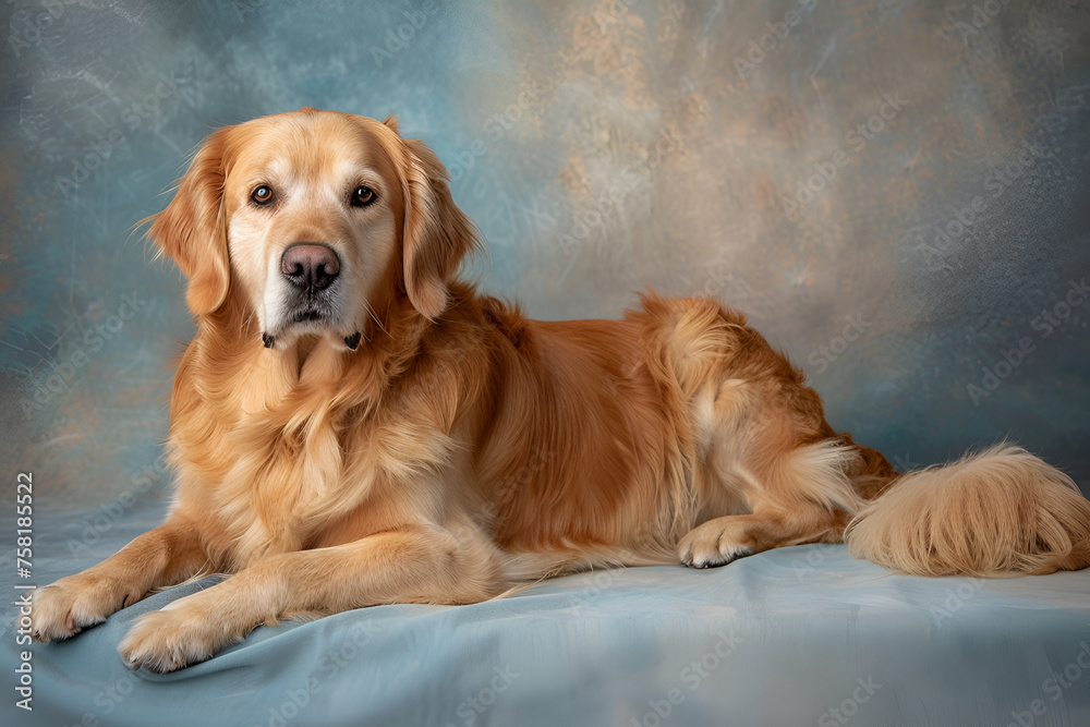 Golden retriever posing against a soft blue background