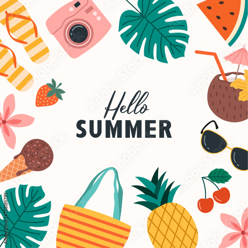 Summer tropical beach square template with inscription