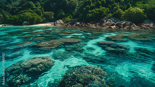 A photo of the Similan Islands, with crystal clear water and vibrant coral reefs as the background, during a sunny day