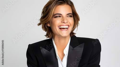 Joyful Businesswoman in Professional Attire Laughing 