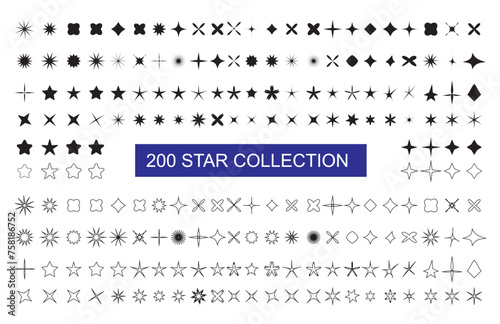 200 Stars collection. Star vector icons. Black set of Stars, isolated on transparent background. Star icon. Stars in modern simple flat style. Vector illustration, eps10