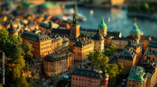 Tilt-shift photography of the Stockholm. Top view of the city in postcard style. Miniature houses, streets and buildings photo
