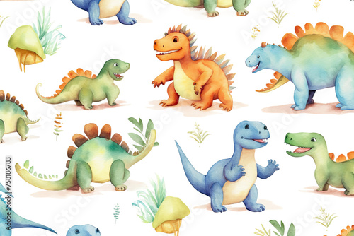 seamless illustration background tile white cute pattern Baby watercolor children's nosaurs © akk png