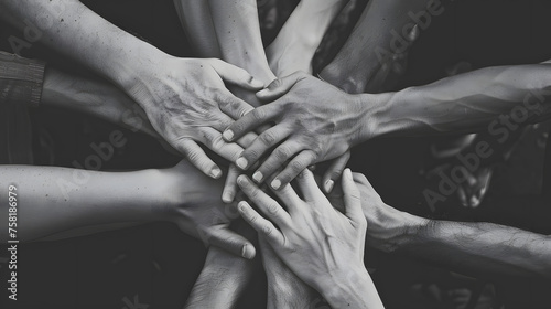 A powerful black and white image of diverse hands coming together in a symbol of teamwork and unity.
