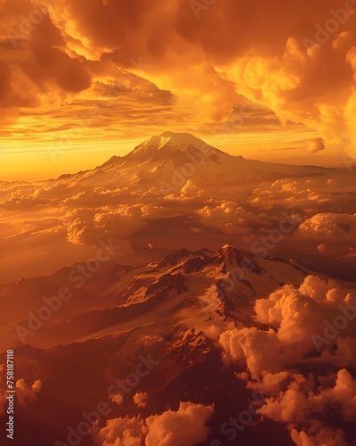 Aerial view of Mount Rainier bathed in golden hour light, as seen from an airplane. photo