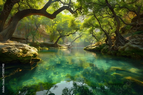 Emerald waters flow through an ancient forest on the way to Chichiroin Cave  Saudi Arabia  offering a tranquil and mysterious journey.