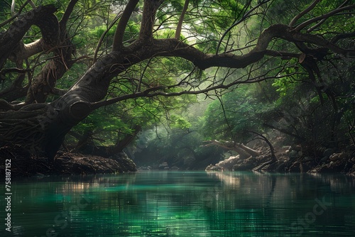 Emerald waters flow through an ancient forest on the way to Chichiroin Cave, Saudi Arabia, embodying tranquility and mystery.