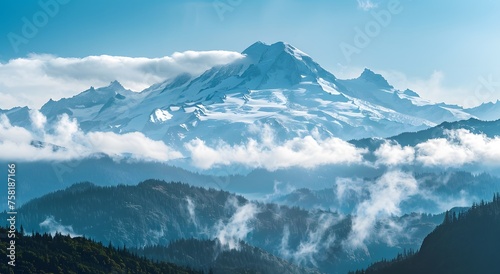 Captivating view of snow-capped Mount Rainier amidst swirling clouds and lush forests under a clear blue sky in Washington, showcasing the grandeur of nature. © Pierre