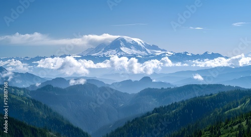 Mount Rainier Majesty: A Vast Landscape of Snow-Capped Peaks and Forests under a Clear Blue Sky