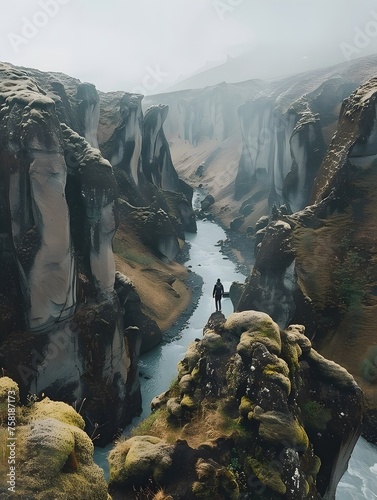 Aerial shot of an Icelandic fjord with moss-covered rocks and a meandering river under a cloudy sky, captured in a breathtaking reality-style photo. photo