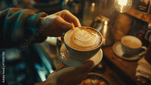 A person holds a freshly made latte with intricate latte art, captured in a warm, cozy café environment photo