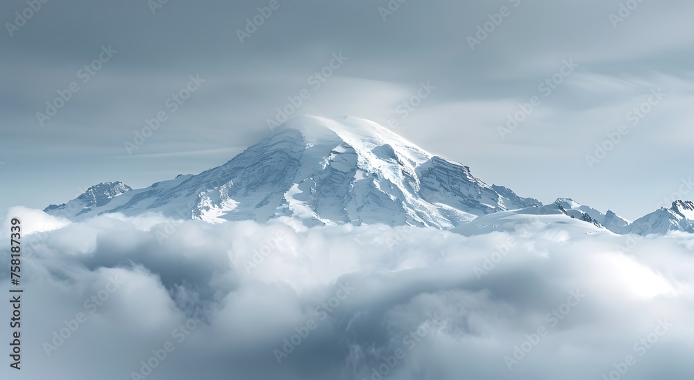 Mount Rainier's snowy peaks peek through clouds in a stunning view from Seattle's Birdseye Cafe.