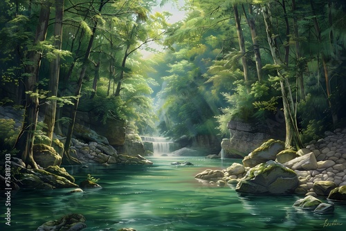 Emerald River Flowing Through Dense Forest  with Sunlight Dappled Shadows on Calm Waters  High-Resolution Image