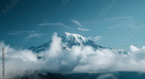 Captivating Telephoto Lens Shot of Clouds Enveloping Mount Rainier's Summit in Washington State