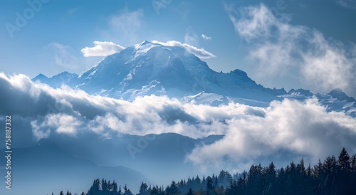 Professional Mount Rainier view from Birdseye Cafe, Seattle: a snow-capped mystery shrouded in clouds. © Pierre