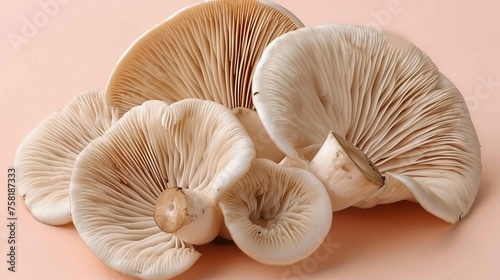 Oyster mushroom, pleurotus ostreatus, on a gentle pastel colored background for a serene ambiance