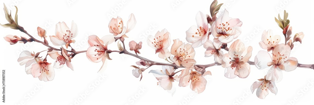 Watercolor illustration of a branch of a blossoming peach on a white background, spring flowers - obrazy, fototapety, plakaty 