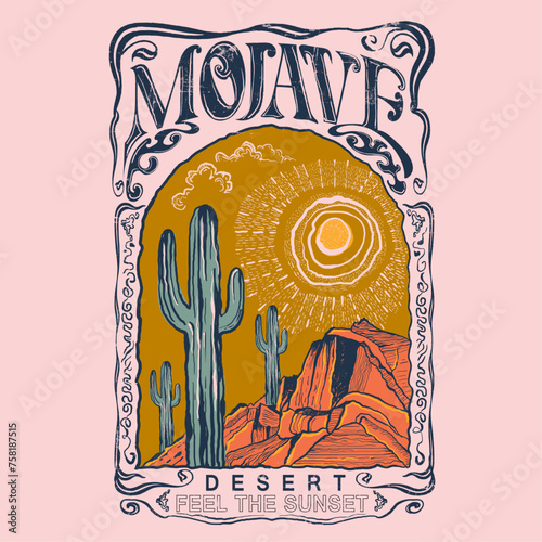 Mojave desert summer print for hand drawn sketch, summer print artwork desert vibes, vintage Arizona print design , feel the sunset, hand draw cactus art of desert illustration photo