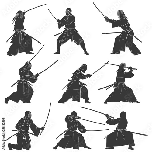 Silhouette kendo athletes in action black color only