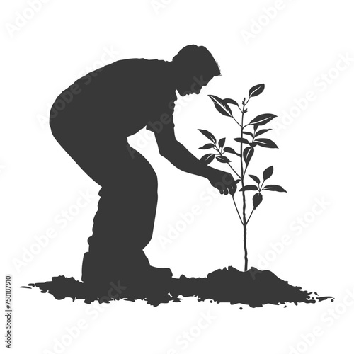 Silhouette man planting tree in the ground black color only
