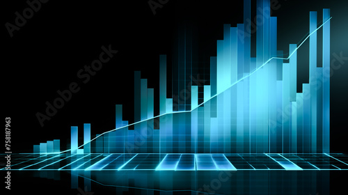 Widescreen Abstract financial graph with uptrend line and bar chart of stock market on blue color background