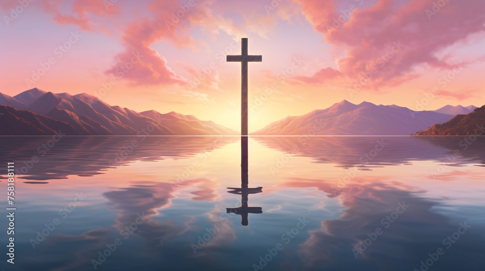 a peaceful scene depicts the silhouette of the cross in front of water