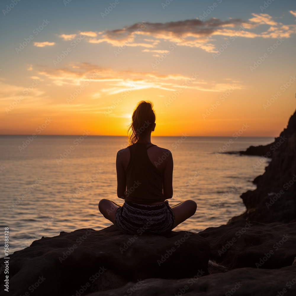 Woman doing yoga and meditation at the beach during sunrise near the ocean. Yoga and meditation concept art. 