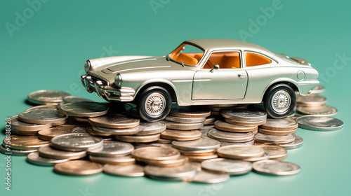 Car with coins, auto tax and financing, car insurance and car loans, concept of savings money on car purchase. Small car on pile of coins 