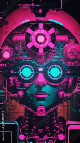 Abstract futuristic cybernetic construct with human face, with a striking pink and blue color scheme, epitomizing sci-fi innovation, perfect for background and wallpaper 
