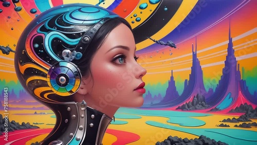 Futuristic fusion of a human and machine, featuring a woman's face with cybernetic enhancements beside a colorful extraterrestrial vista