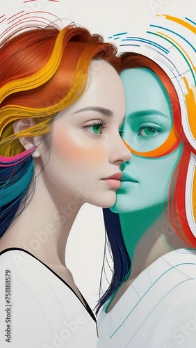 Contemporary depiction of two faces, profile and full face, represents the harmony of opposites with a fluid transition between two faces, featuring a vibrant color gradient